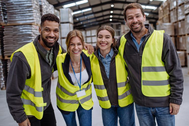 Full team of warehouse employees standing in warehouse. Team of workers in reflective clothing in modern industrial factory, heavy industry, manufactrury.