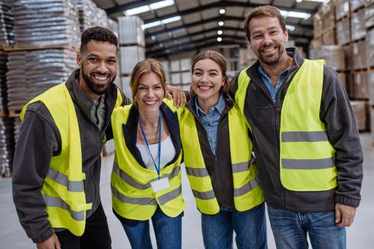 Full team of warehouse employees standing in warehouse. Team of workers in reflective clothing in modern industrial factory, heavy industry, manufactrury.